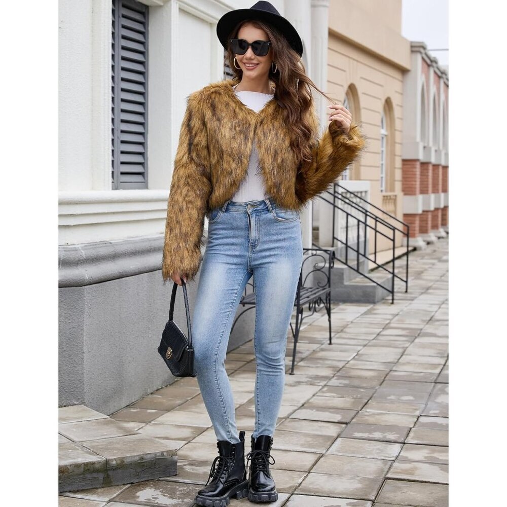 Women's Brown Gihuo Cropped Faux Fur Coat Open Front Fleece Winter Jacket - Picture 6 of 7